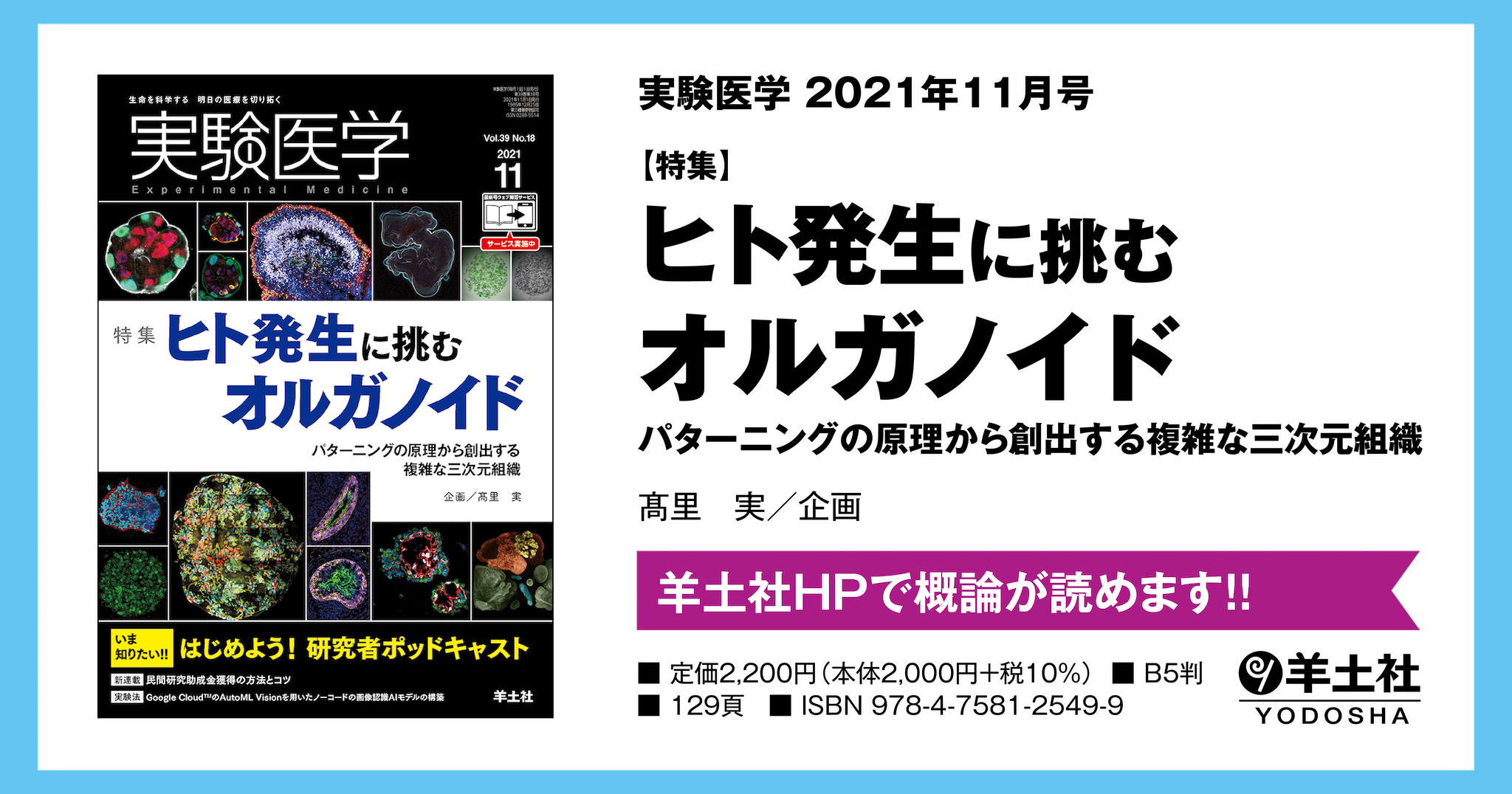 実験医学 ヒト発生に挑むオルガノイド パターニングの原理から創出する複雑な三次元組織 羊土社